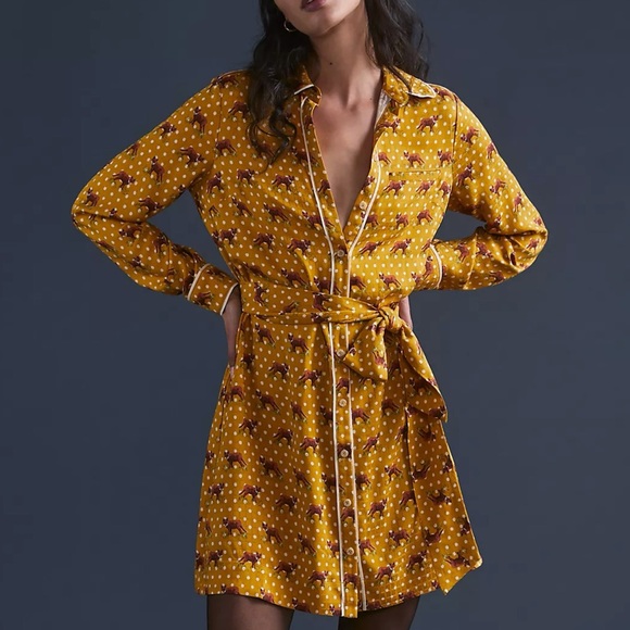 NWT Anthropologie Forest Friends Jackal Fox Mini Dress Size 6 Gold